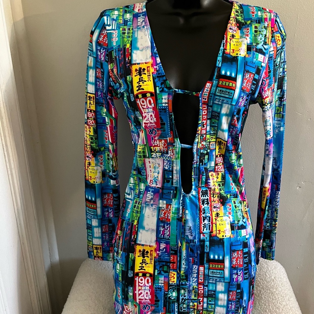 Neon City Print Cutout Bodycon Dress - Blue Multi
